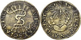 PAYS-BAS SEPTENTRIONAUX, Laiton jeton, 1583. Succès d''Alexandre Farnèse. D/ VIS NESCIA VINCI Un faisceau de cinq flèches enlacé par un serpent. R/ FE...