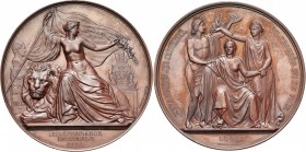 BELGIQUE, AE médaille, 1855, L. Wiener. 25e anniversaire de l''Indépendance. D/ La Belgique assise sur le lion. A d., monument aux combattants de 1830...
