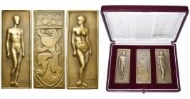 BELGIQUE, écrin de 3 médailles (2 unifaces), 1968, Lefèvre, Visite du ministre Parisis au Comité olympique. AE, 83 x 31/33 mm.
SUP