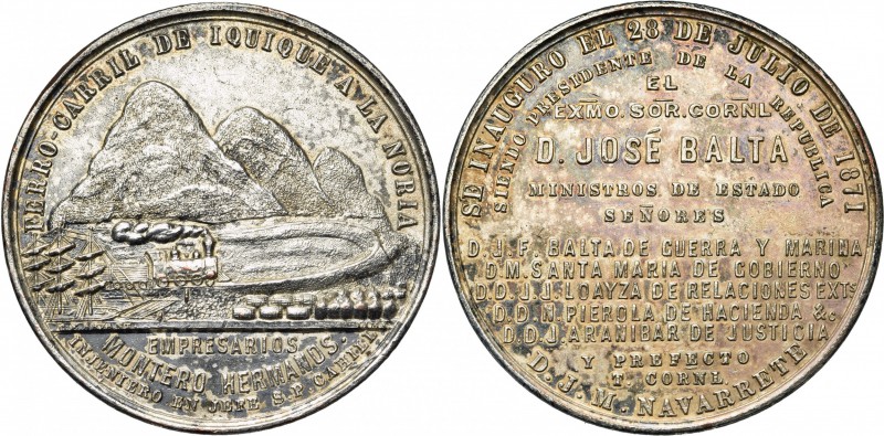 CHILI, AE argenté médaille, 1871, Bryant. Chemin de fer d''Iquique à la Noria. D...
