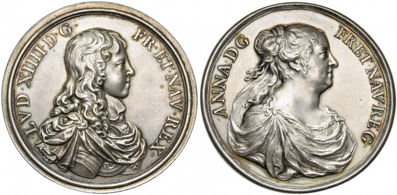 FRANCE, AR médaille, s.d., Warin. Louis XIV et sa mère Anne d''Autriche. D/ B. j...