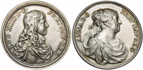 FRANCE, AR médaille, s.d., Warin. Louis XIV et sa mère Anne d''Autriche. D/ B. juvénile du roi à d., dr. et cuir., décoré du Saint-Esprit. R/ B. voilé...