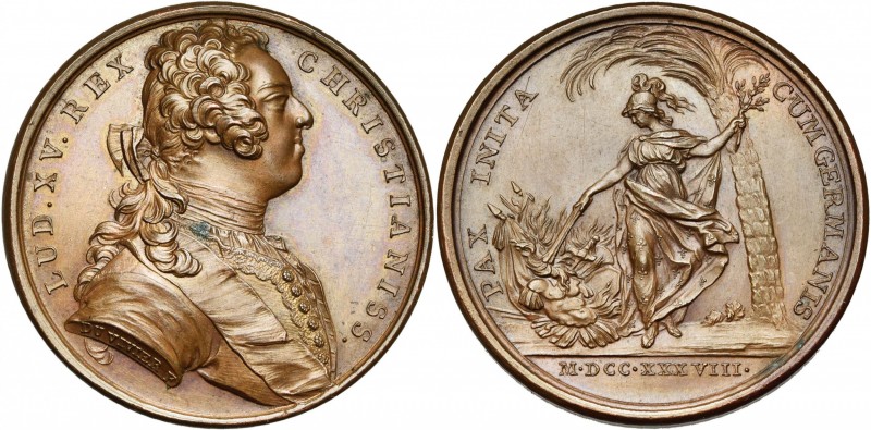 FRANCE, AE médaille, 1738, Duvivier. Paix avec l''Allemagne. D/ B. du roi à d., ...