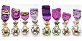 BELGIQUE, Ordre de Léopold, lot de 4 croix (2 officiers et 2 chevaliers, modèle civil unilingue), avec ruban surchargé de glaives croisés pour les gue...