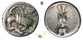 BRUTTIUM - Lokroi Epizephyrioi (dopo il 300 a.C.) Statere. D/ Aquila ghermisce una lepre R/ Fulmine; sotto un caduceo. SNG ANS 529 H.N. 2313 Ag g 7,82...