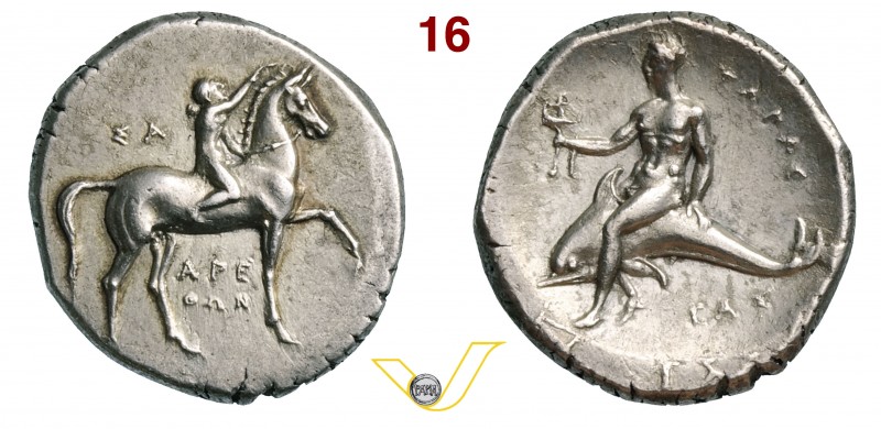 CALABRIA - Tarentum (281-270 a.C. circa) Nomos. D/ Efebo a cavallo R/ Taras su d...