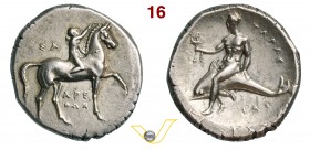 CALABRIA - Tarentum (281-270 a.C. circa) Nomos. D/ Efebo a cavallo R/ Taras su delfino regge un tripode. Vlasto 666 SNG ANS 1046 Mont. 1469 Ag g 7,86 ...