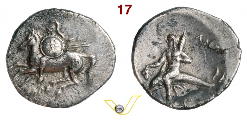 CALABRIA - Tarentum (280-272 a.C.) Nomos. D/ Cavaliere elmato con scudo e due la...