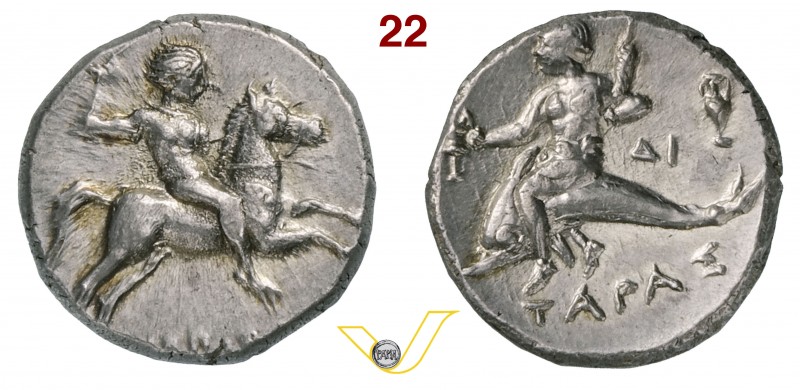 CALABRIA - Tarentum (272-235 a.C.) Nomos. D/ Cavaliere con lancia R/ Taras su de...