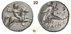 CALABRIA - Tarentum (272-235 a.C.) Nomos. D/ Cavaliere con lancia R/ Taras su delfino regge un cantaro e conocchia; a d. un'anfora. Vlasto 904 SNG ANS...