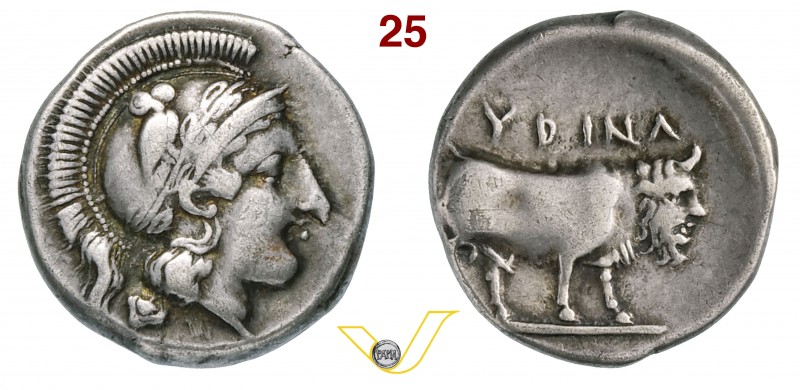 CAMPANIA - Hyria (400-385 a.C.) Didracma. D/ Testa elmata di Athena R/ Toro andr...
