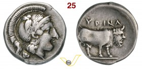 CAMPANIA - Hyria (400-385 a.C.) Didracma. D/ Testa elmata di Athena R/ Toro androcefalo. SNG ANS 255 Rutter 164 Mont. 716 Ag g 7,56 • Ex Lanz, asta 12...