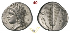 LUCANIA - Metapontum (340-330 a.C.) Statere. D/ Testa di Demetra; davanti una torcia R/ Spiga d'orzo; sulla foglia un granchio. SNG ANS 411 Noe-Johnst...