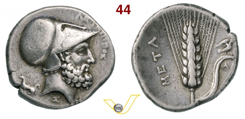LUCANIA - Metapontum (340-330 a.C.) Statere. D/ Testa elmata di Leucippo; a s. u...