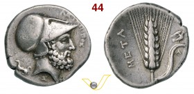 LUCANIA - Metapontum (340-330 a.C.) Statere. D/ Testa elmata di Leucippo; a s. un cane R/ Spiga d'orzo; sulla foglia un uccello. H.N. 1576 Noe-Johnsto...