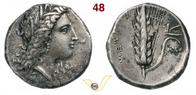 LUCANIA - Metapontum (330-280 a.C.) Statere. D/ Testa di Demetra R/ Spiga d'orzo; sulla foglia un aratro. SNG ANS 470 Ag g 7,80 • Ex Kunker, asta 104 ...