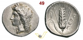 LUCANIA - Metapontum (330-280 a.C.) Statere. D/ Testa di Demetra R/ Spiga d'orzo; sulla foglia delle tenaglie. SNG ANS 458 Noe C 4.10 Mont. 2381 Ag g ...