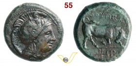 LUCANIA - Thurium (III Sec. a.C.) Litra. D/ Testa elmata di Athena R/ Toro cozzante e all'esergo un caduceo. SNG ANS 1183 Mont. 2872 Ae g 30,90 • Ex A...