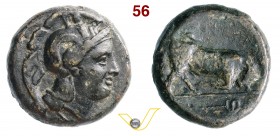 LUCANIA - Thurium (III Sec. a.C.) Litra. D/ Testa elmata di Athena R/ Toro cozzante e all'esergo un caduceo. SNG ANS 1183 Mont. 2872 Ae g 27,87 • Ex G...