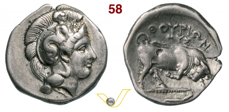 LUCANIA - Thurium (400-350 a.C.) Statere. D/ Testa elmata di Athena R/ Toro cozz...