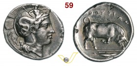 LUCANIA - Thurium (400-350 a.C.) Statere. D/ Testa elmata di Athena R/ Toro cozzante; all'esergo un pesce. SNG ANS 989 Mont. 2757 Ag g 7,77 • Ex E. Ow...