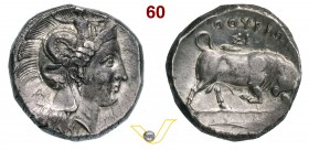 LUCANIA - Thurium (350-300 a.C.) Distatere. D/ Testa elmata di Athena R/ Toro cozzante e all'esergo pesce. SNG ANS - Noe K 18 Ag g 16,41 • Ex Elsen, a...