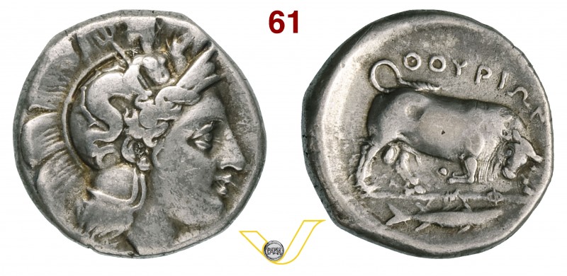 LUCANIA - Thurium (350-300 a.C.) Statere. D/ Testa elmata di Athena R/ Toro cozz...