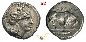 LUCANIA - Thurium (350-300 a.C.) Distatere. D/ Testa elmata di Athena R/ Toro cozzante e all'esergo pesce. SNG ANS 989 Noe F 16 Ag g 15,55 • Ex DNW, a...