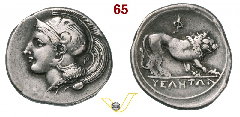 LUCANIA - Velia (340-335 a.C.) Statere. D/ Testa elmata di Athena R/ Leone; in a...