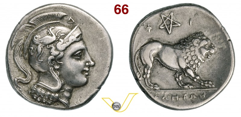 LUCANIA - Velia (300-280 a.C.) Statere. D/ Testa elmata di Athena R/ Leone; in a...
