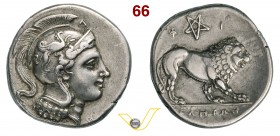 LUCANIA - Velia (300-280 a.C.) Statere. D/ Testa elmata di Athena R/ Leone; in alto pentagramma. SNG ANS 1367 SNG Cop. 1580 Ag g 7,36 • Ottima centrat...
