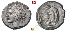 SICILIA - Leontini (450 a.C. circa) Tetradracma. D/ Testa laureata di Apollo R/ Protome leonina fra chicchi d'orzo e foglia. SNG ANS 256 Mont. 4321 Ag...