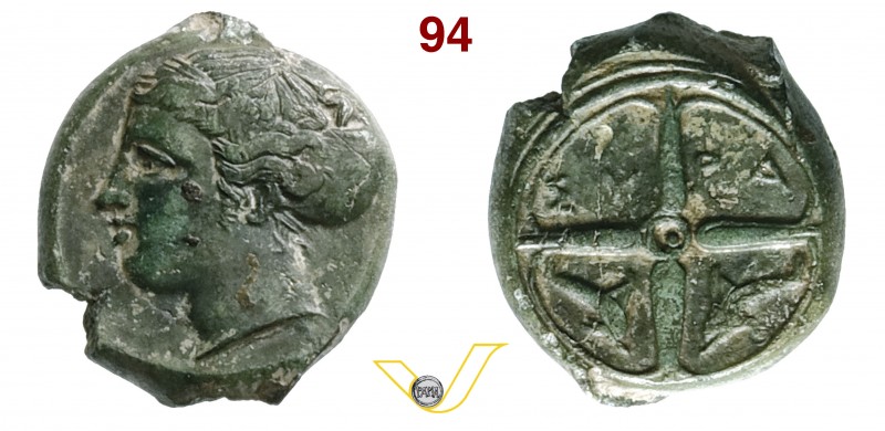 SICILIA - Syracusae (415-405 a.C.) Ae. D/ Testa di Aretusa R/ Ruota e due delfin...