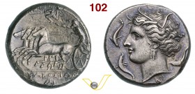 SICILIA - SyracusaeAgatocle (317-310 a.C.) Tetradracma. D/ Quadriga veloce; in alto triscele R/ Testa di Aretusa e attorno tre delfini. SNG ANS 633 Mo...