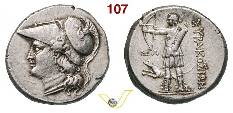 SICILIA - SyracusaeQuinta Democrazia (214-212 a.C.) 12 Litre. D/ Testa elmata di...