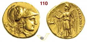 MACEDONIA ALESSANDRO III MAGNO (336-323 a.C.) Statere d'oro, Lampsacus. D/ Testa elmata di Atena R/ La Vittoria stante con corona; nel campo una doppi...