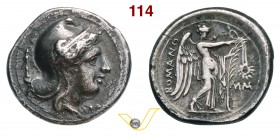 ROMANO CAMPANE (265-242 a.C.) Didramma. D/ Testa elmata di Roma a d.; dietro una spada nel fodero R/ La Vittoria stante con palma alla quale appende u...