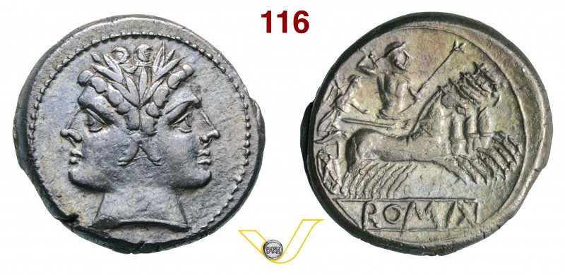 ROMANO CAMPANE (225-212 a.C.) Didramma. D/ Testa di Giano R/ Giove su quadriga; ...