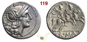 ANONIME (dopo il 211 a.C.) Denario. D/ Testa di Roma R/ I Dioscuri al galoppo verso d. B. 2 Syd. 140 Cr. 44/5 A.V. 21 Ag g 3,85 • Ex NAC, asta N del 0...