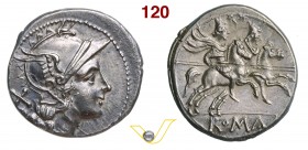 ANONIME (dopo il 211 a.C.) Denario. D/ Testa di Roma R/ I Dioscuri al galoppo verso d. B. 2 Syd. 140 Cr. 44/5 A.V. 21 Ag g 4,18 • Ex InAsta, asta 13 d...