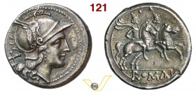 ANONIME (dopo il 211 a.C.) Denario. D/ Testa di Roma R/ I Dioscuri al galoppo verso d. B. 2 Syd. 140 Cr. 44/5 A.V. 21 Ag g 4,55 • Bella patina. Ex Neg...