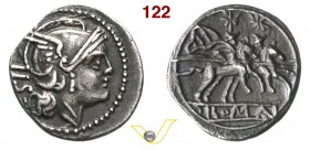 ANONIME (dopo il 211 a.C.) Sesterzio. D/ Testa di Roma R/ I Dioscuri al galoppo verso d. B. 4 Syd. 142 Cr. 44/7 A.V. 23 Ag g 1,01 • Ex Ghiglione, 06.2...