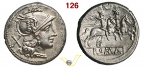 ANONIME (211-170 a.C.) Denario, simbolo crescente. D/ Testa di Roma R/ I Dioscuri al galoppo verso d. B. 20 Syd. 219, 265 e 314 Cr. 57/2 A.V. 29 Ag g ...