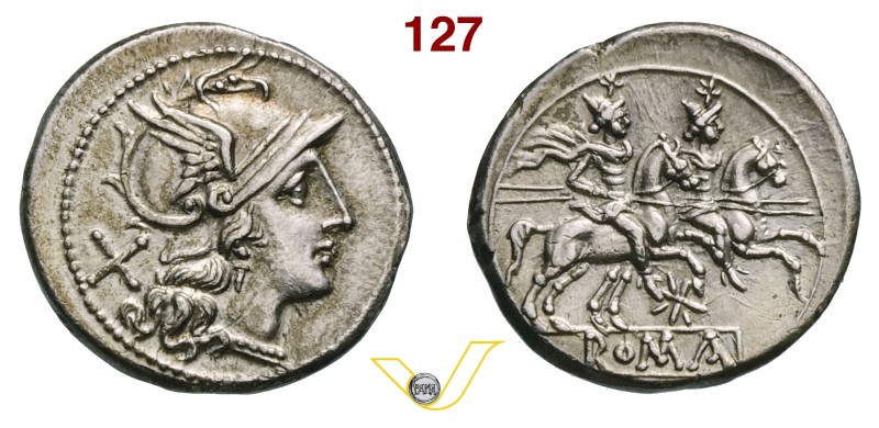 ANONIME (211-170 a.C.) Denario, simbolo stella. D/ Testa di Roma R/ I Dioscuri a...