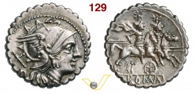 ANONIME (211-170 a.C.) Denario, simbolo ruota a sei raggi. D/ Testa di Roma R/ I Dioscuri al galoppo verso d. B. 20 Syd. 519 Cr. 79/1 A.V. 29 Ag g 4,2...