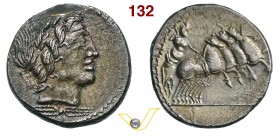 ANONIME (86 a.C.) Denario. D/ Testa di Apollo Vejovis; sotto un fulmine R/ Giove su quadriga. B. 226 Syd. 723 Cr. 350A/2 A.V. 43 Ag g 3,96 • Bella pat...