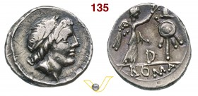 ANONIME (81 a.C.) Quinario. D/ Testa laureata di Apollo R/ La Vittoria incorona un trofeo; nel campo lettera D. B. 227 Syd. 609a Cr. 373/1b A.V. 44 Ag...