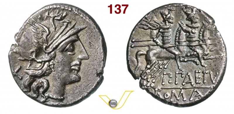 AELIA - P. Aelius Paetus (138 a.C.) Denario. D/ Testa elmata di Roma R/ I Dioscu...