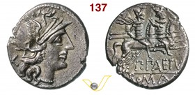 AELIA - P. Aelius Paetus (138 a.C.) Denario. D/ Testa elmata di Roma R/ I Dioscuri a cavallo verso d. B. 3 Syd. 455 Cr. 233/1 A.V. 55 Ag g 3,70 • Bell...