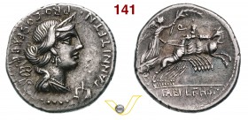 ANNIA - C. Annius T.f. T.n. e L. Fabius L.f. Hispaniensis (82-81 a.C.) Denario. D/ Busto di Anna Perenna tra caduceo e bilancia R/ La Vittoria su quad...